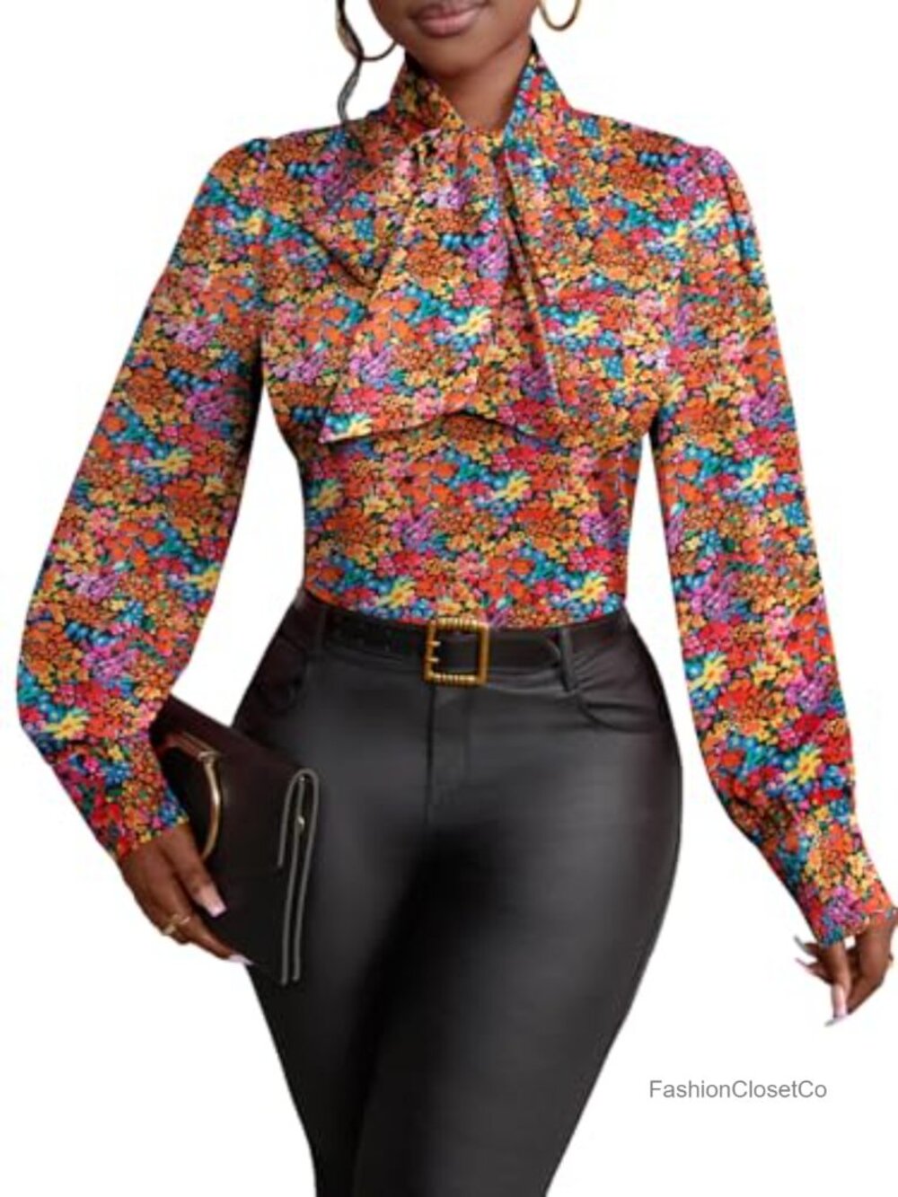 Womens Bow Tie Neck Blouse Long Sleeve Office Shirt Regular Fit